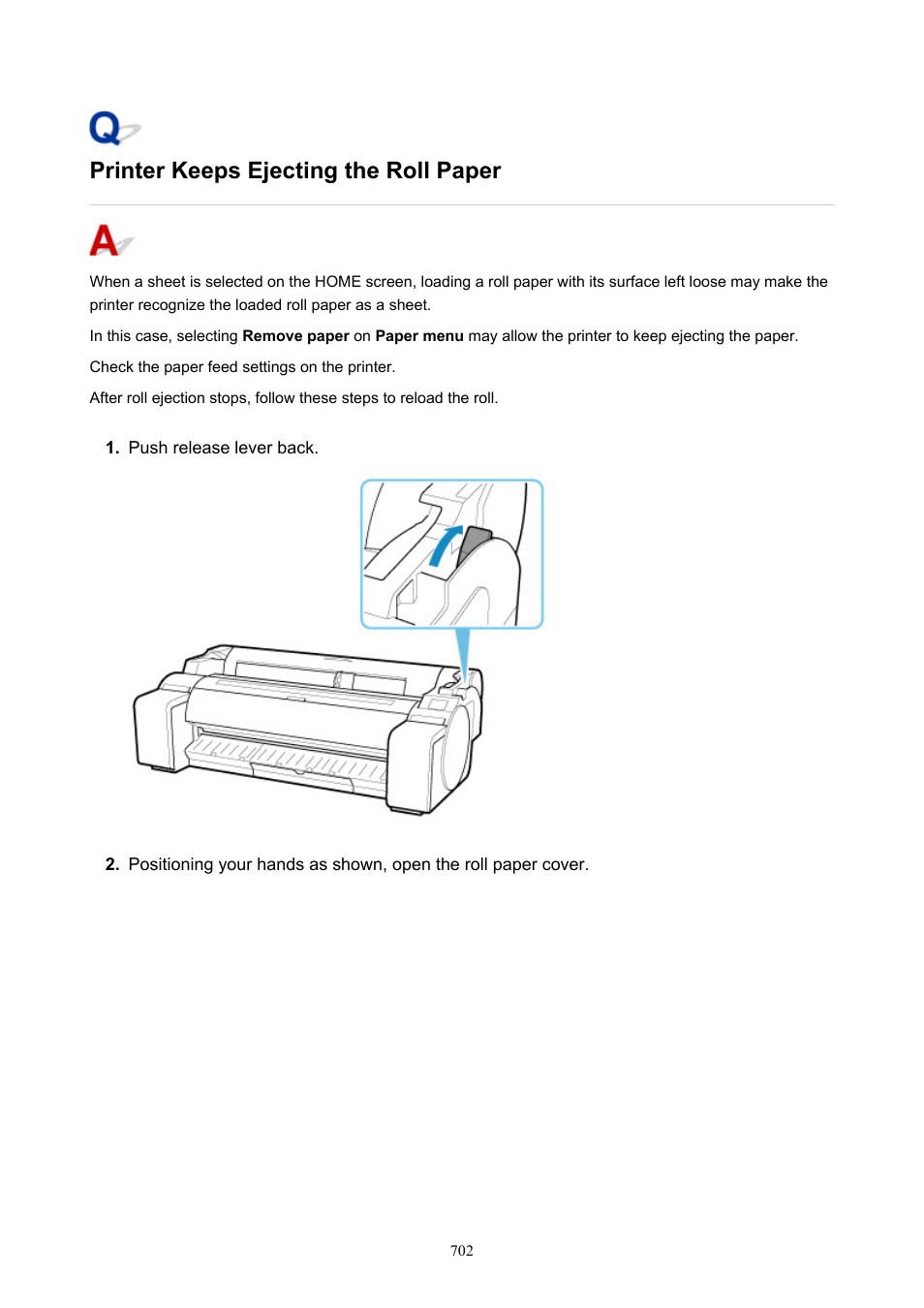 Printer keeps ejecting the roll paper | Canon imagePROGRAF TM-300 36" Large-Format Inkjet Printer with L36ei Scanner Kit User Manual | Page 702 / 947