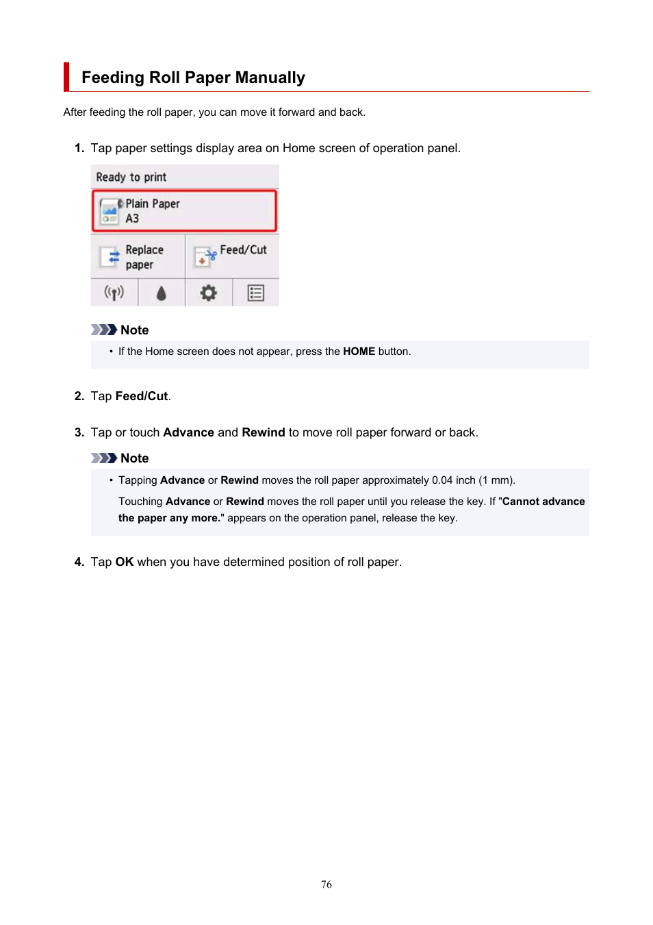 Feeding roll paper manually | Canon imagePROGRAF TM-300 36" Large-Format Inkjet Printer with L36ei Scanner Kit User Manual | Page 76 / 947