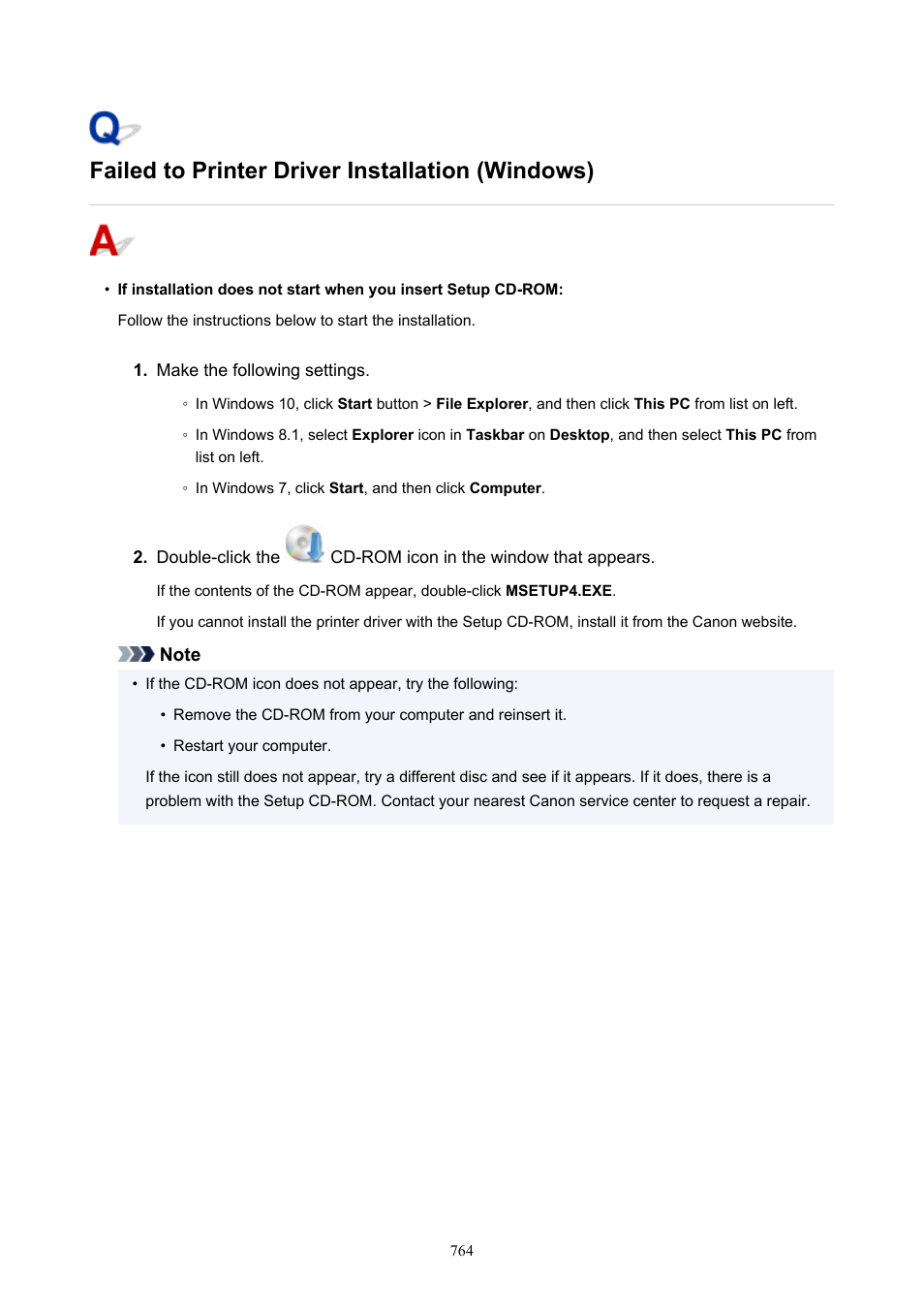 Failed to printer driver installation (windows) | Canon imagePROGRAF TM-300 36" Large-Format Inkjet Printer with L36ei Scanner Kit User Manual | Page 764 / 947