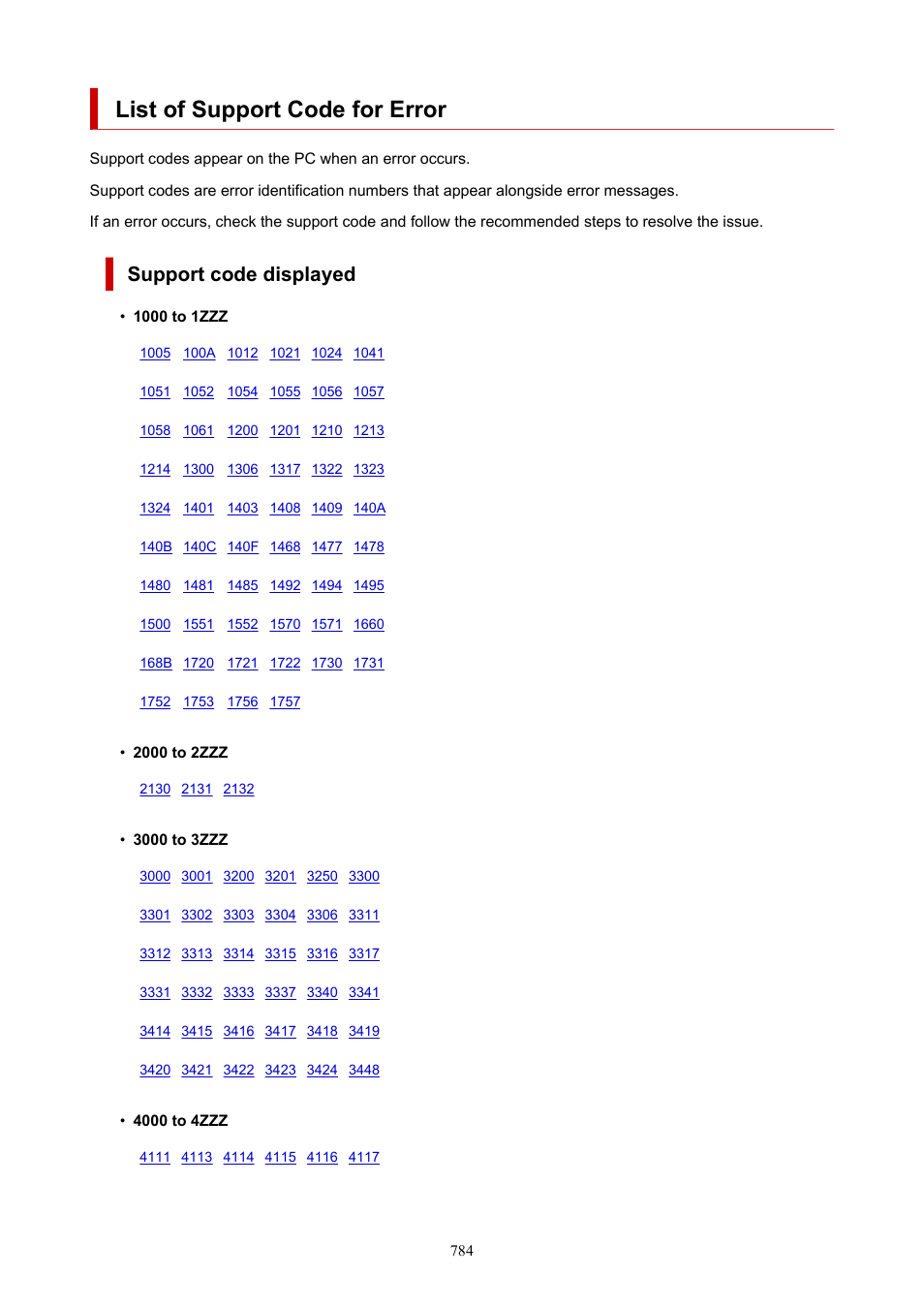 List of support code for error, Support code displayed | Canon imagePROGRAF TM-300 36" Large-Format Inkjet Printer with L36ei Scanner Kit User Manual | Page 784 / 947