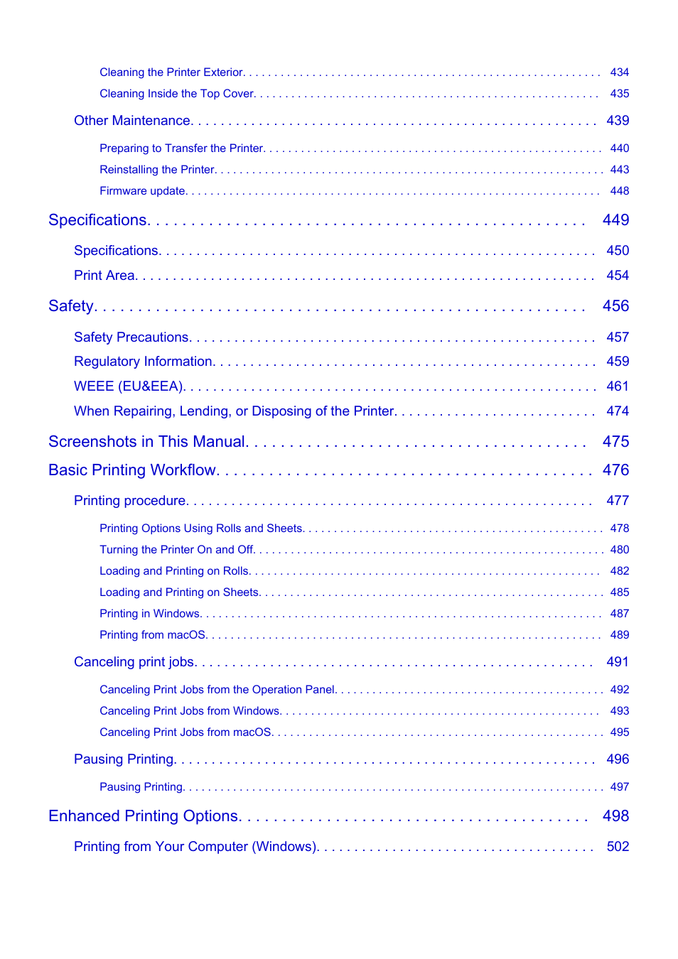 Specifications, Safety, Screenshots in this manual basic printing workflow | Enhanced printing options | Canon imagePROGRAF TM-300 36" Large-Format Inkjet Printer with L36ei Scanner Kit User Manual | Page 8 / 947