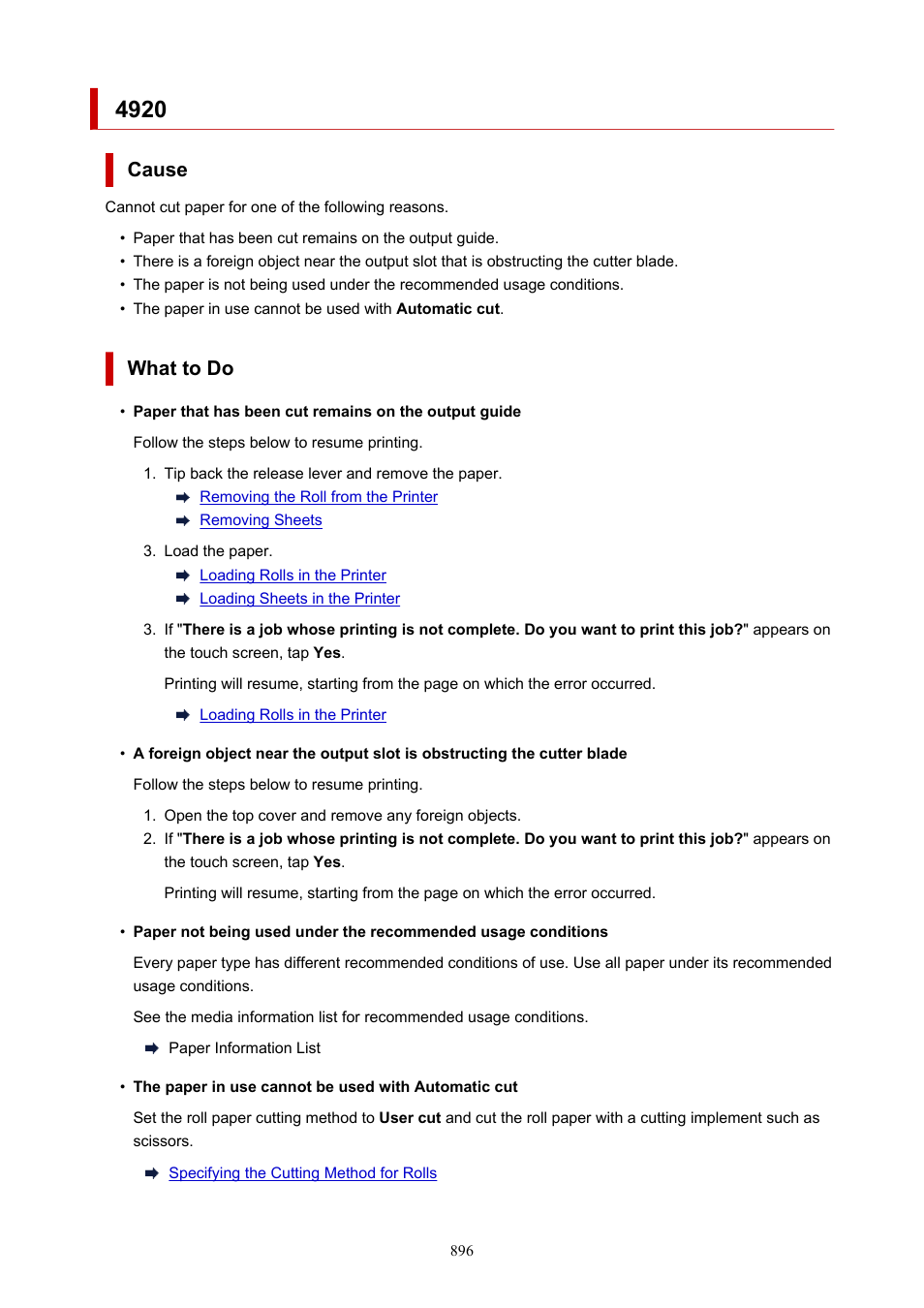 Cause, What to do | Canon imagePROGRAF TM-300 36" Large-Format Inkjet Printer with L36ei Scanner Kit User Manual | Page 896 / 947