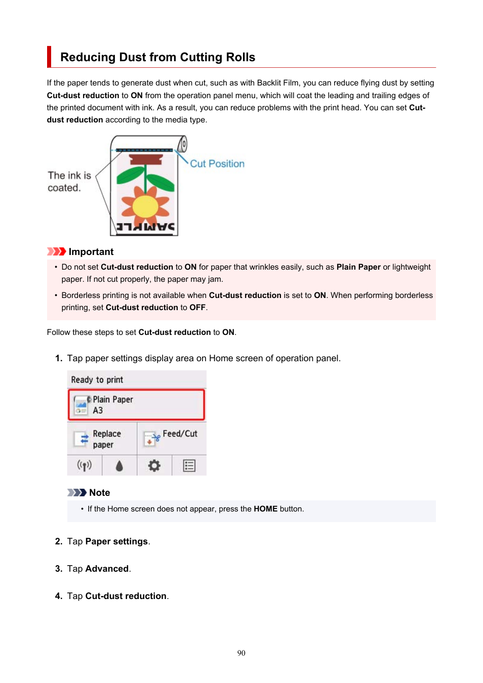 Reducing dust from cutting rolls | Canon imagePROGRAF TM-300 36" Large-Format Inkjet Printer with L36ei Scanner Kit User Manual | Page 90 / 947