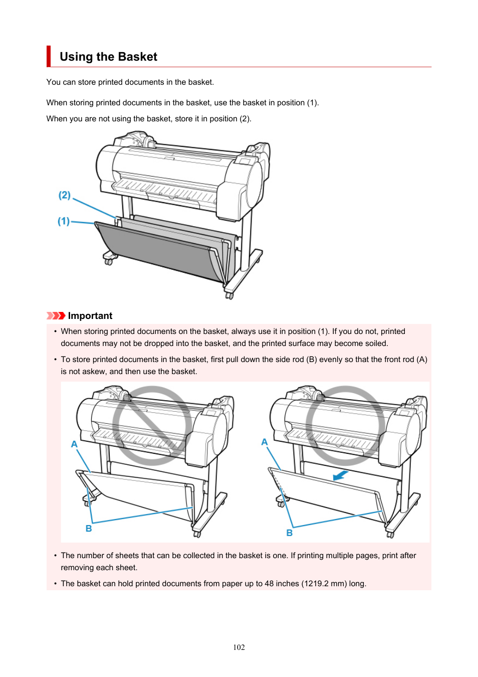 Using the basket | Canon imagePROGRAF TA-20 MFP 24" Large Format Printer with L24ei Scanner and Stand Kit User Manual | Page 102 / 926