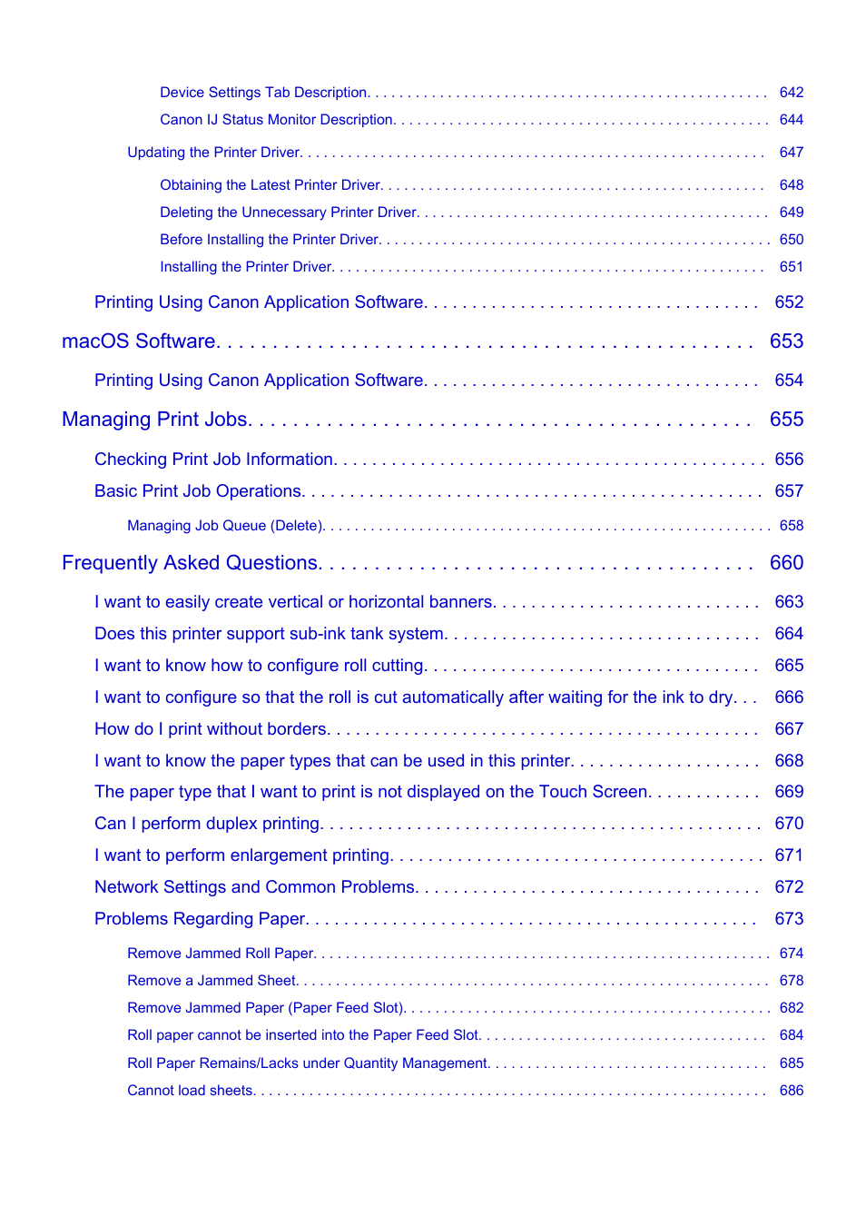 Macos software, Managing print jobs, Frequently asked questions | Canon imagePROGRAF TA-20 MFP 24" Large Format Printer with L24ei Scanner and Stand Kit User Manual | Page 11 / 926
