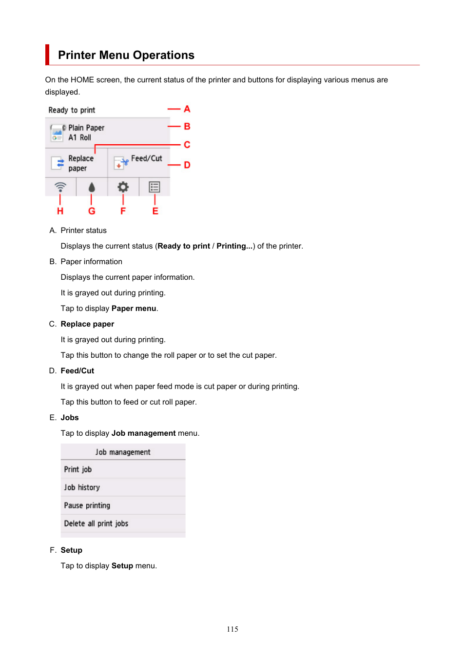 Printer menu operations | Canon imagePROGRAF TA-20 MFP 24" Large Format Printer with L24ei Scanner and Stand Kit User Manual | Page 115 / 926