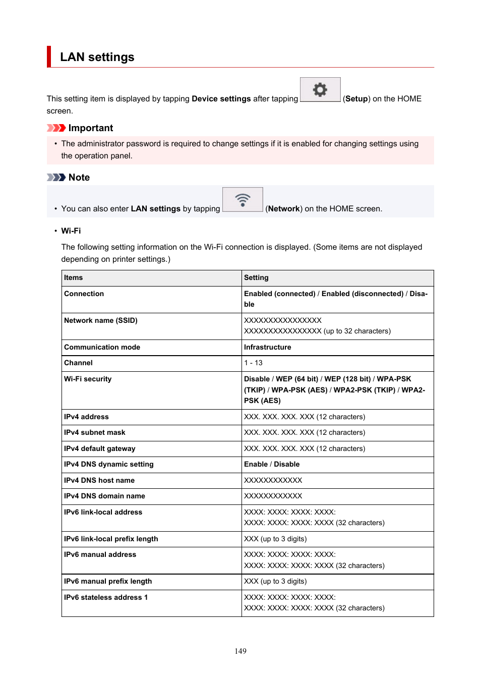 Lan settings, Important | Canon imagePROGRAF TA-20 MFP 24" Large Format Printer with L24ei Scanner and Stand Kit User Manual | Page 149 / 926