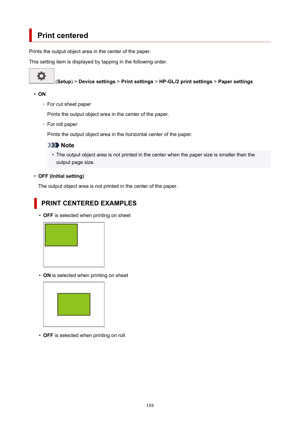 Print centered, Print centered examples | Canon imagePROGRAF TA-20 MFP 24" Large Format Printer with L24ei Scanner and Stand Kit User Manual | Page 188 / 926