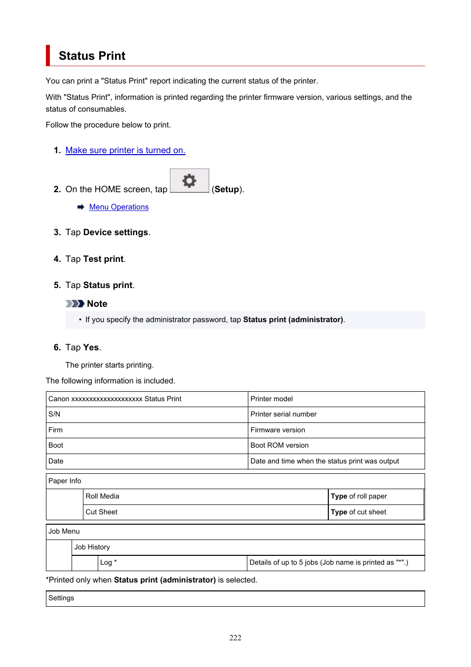 Status print | Canon imagePROGRAF TA-20 MFP 24" Large Format Printer with L24ei Scanner and Stand Kit User Manual | Page 222 / 926