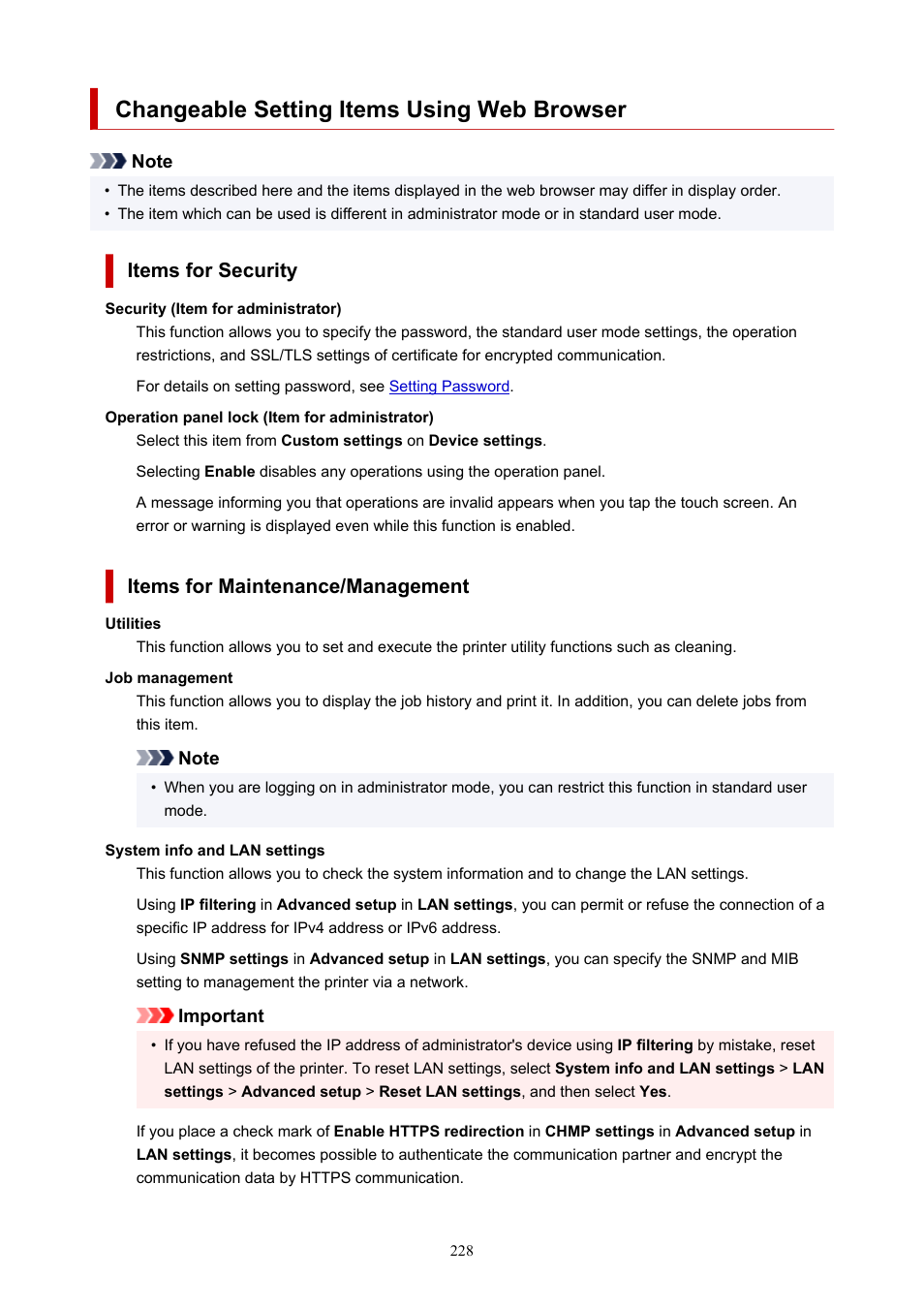 Changeable setting items using web browser, Items for security, Items for maintenance/management | Canon imagePROGRAF TA-20 MFP 24" Large Format Printer with L24ei Scanner and Stand Kit User Manual | Page 228 / 926