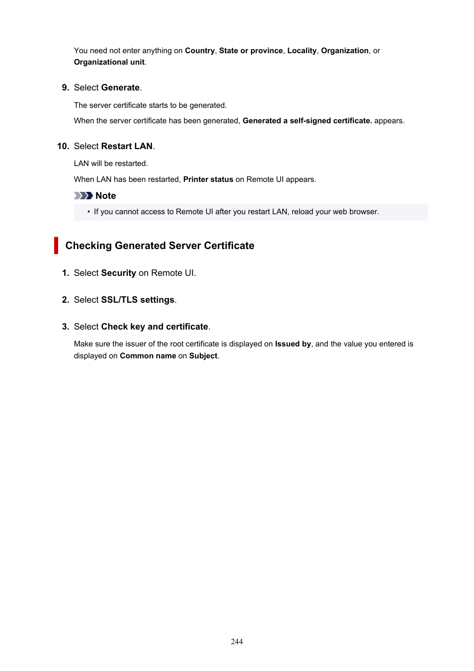 Checking generated server certificate | Canon imagePROGRAF TA-20 MFP 24" Large Format Printer with L24ei Scanner and Stand Kit User Manual | Page 244 / 926