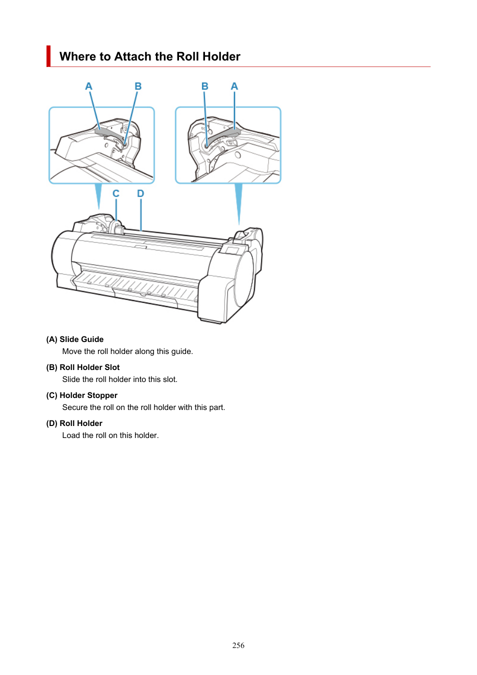 Where to attach the roll holder | Canon imagePROGRAF TA-20 MFP 24" Large Format Printer with L24ei Scanner and Stand Kit User Manual | Page 256 / 926