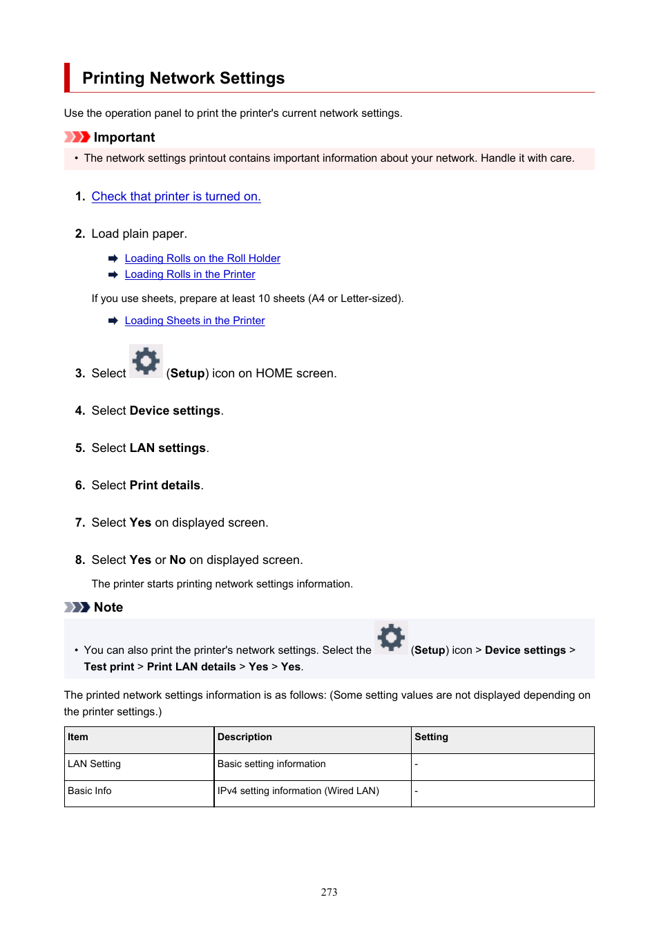 Printing network settings | Canon imagePROGRAF TA-20 MFP 24" Large Format Printer with L24ei Scanner and Stand Kit User Manual | Page 273 / 926
