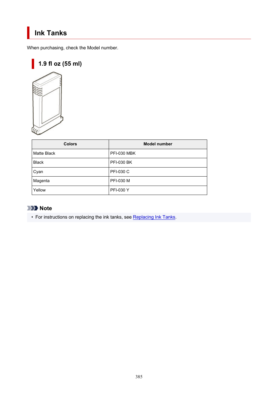 Ink tanks, 9 fl oz (55 ml) | Canon imagePROGRAF TA-20 MFP 24" Large Format Printer with L24ei Scanner and Stand Kit User Manual | Page 385 / 926