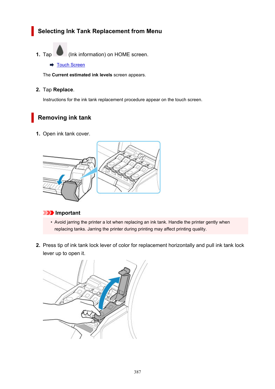 Selecting ink tank replacement from menu, Removing ink tank | Canon imagePROGRAF TA-20 MFP 24" Large Format Printer with L24ei Scanner and Stand Kit User Manual | Page 387 / 926