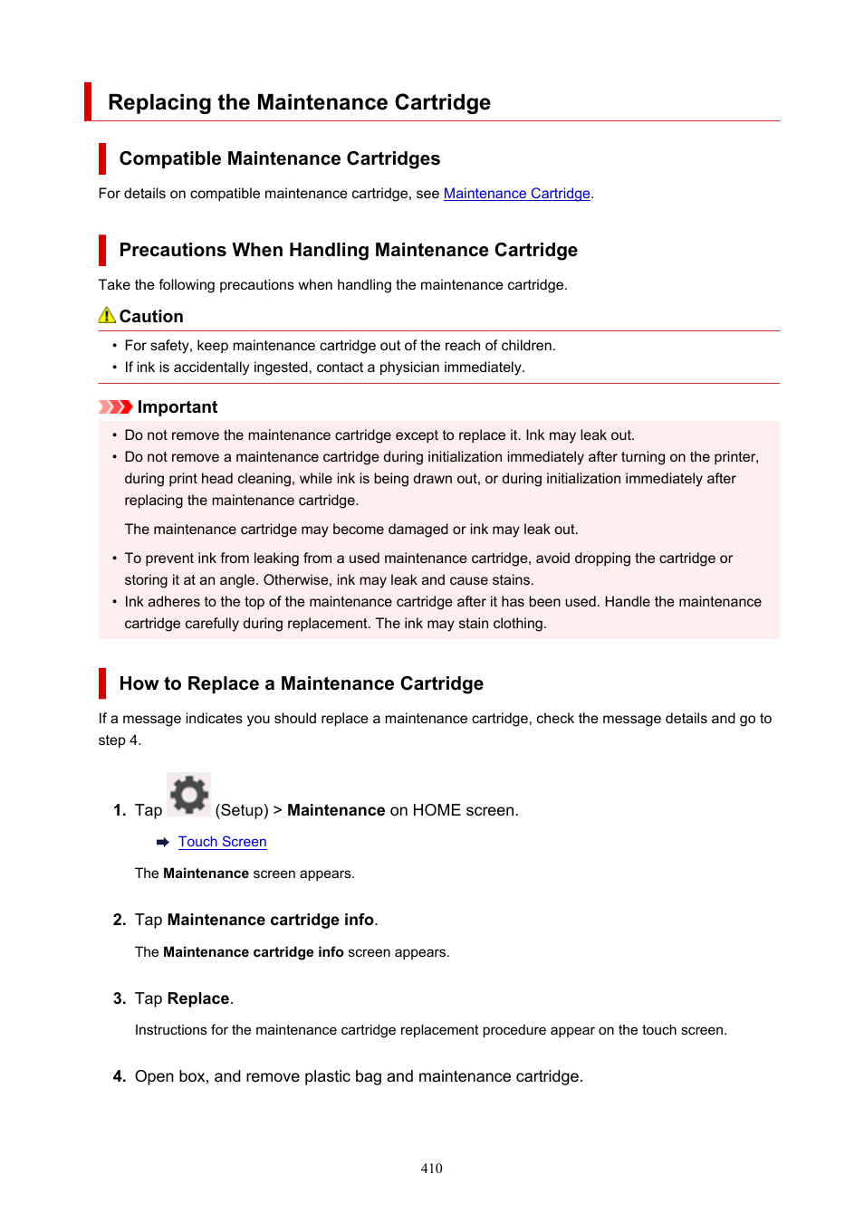 Replacing the maintenance cartridge | Canon imagePROGRAF TA-20 MFP 24" Large Format Printer with L24ei Scanner and Stand Kit User Manual | Page 410 / 926