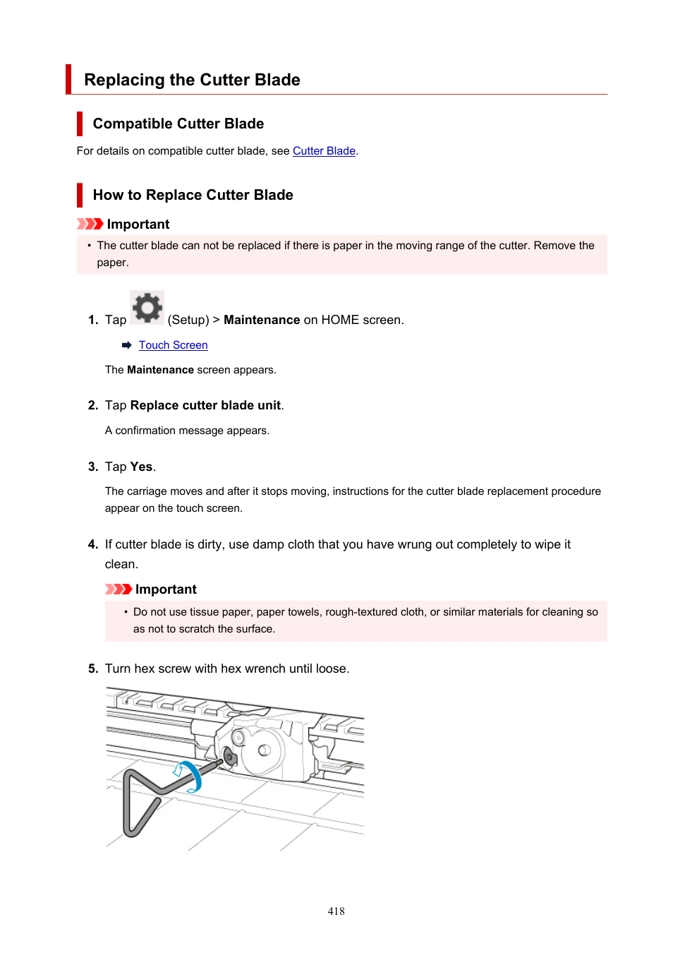 Replacing the cutter blade | Canon imagePROGRAF TA-20 MFP 24" Large Format Printer with L24ei Scanner and Stand Kit User Manual | Page 418 / 926