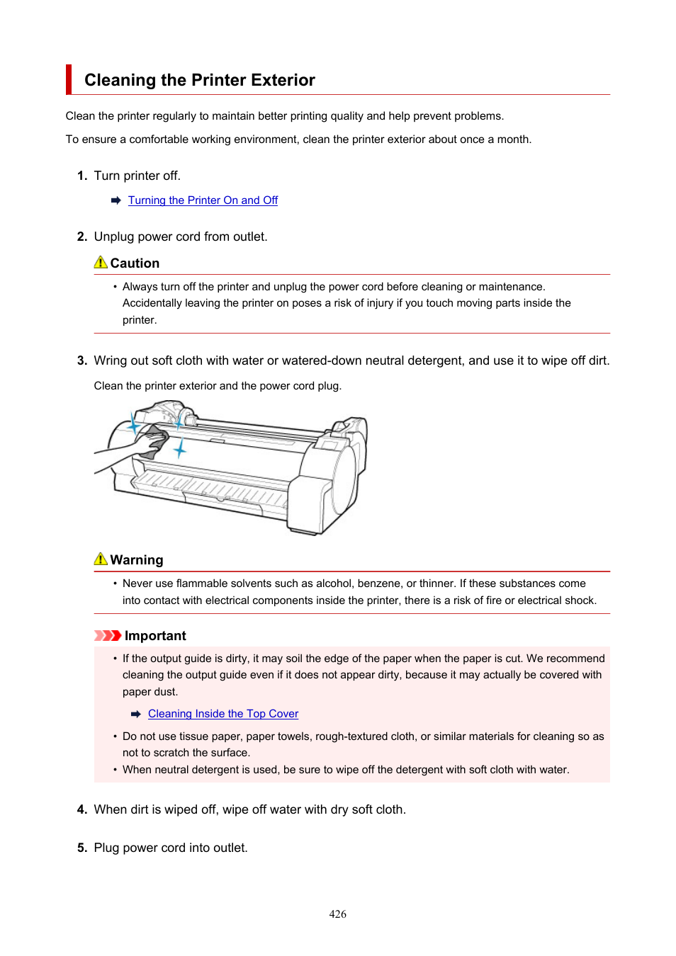 Cleaning the printer exterior | Canon imagePROGRAF TA-20 MFP 24" Large Format Printer with L24ei Scanner and Stand Kit User Manual | Page 426 / 926