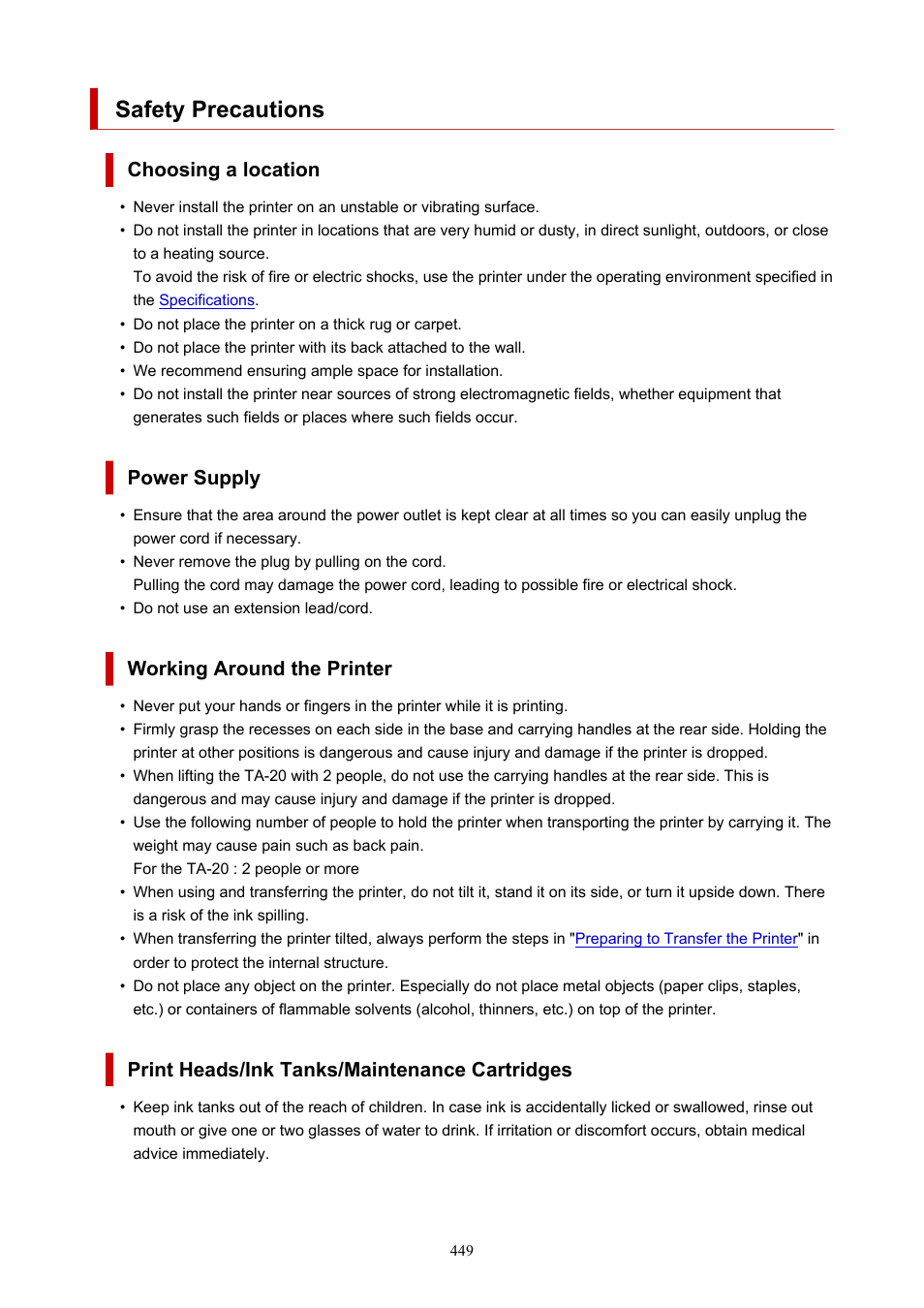 Safety precautions | Canon imagePROGRAF TA-20 MFP 24" Large Format Printer with L24ei Scanner and Stand Kit User Manual | Page 449 / 926