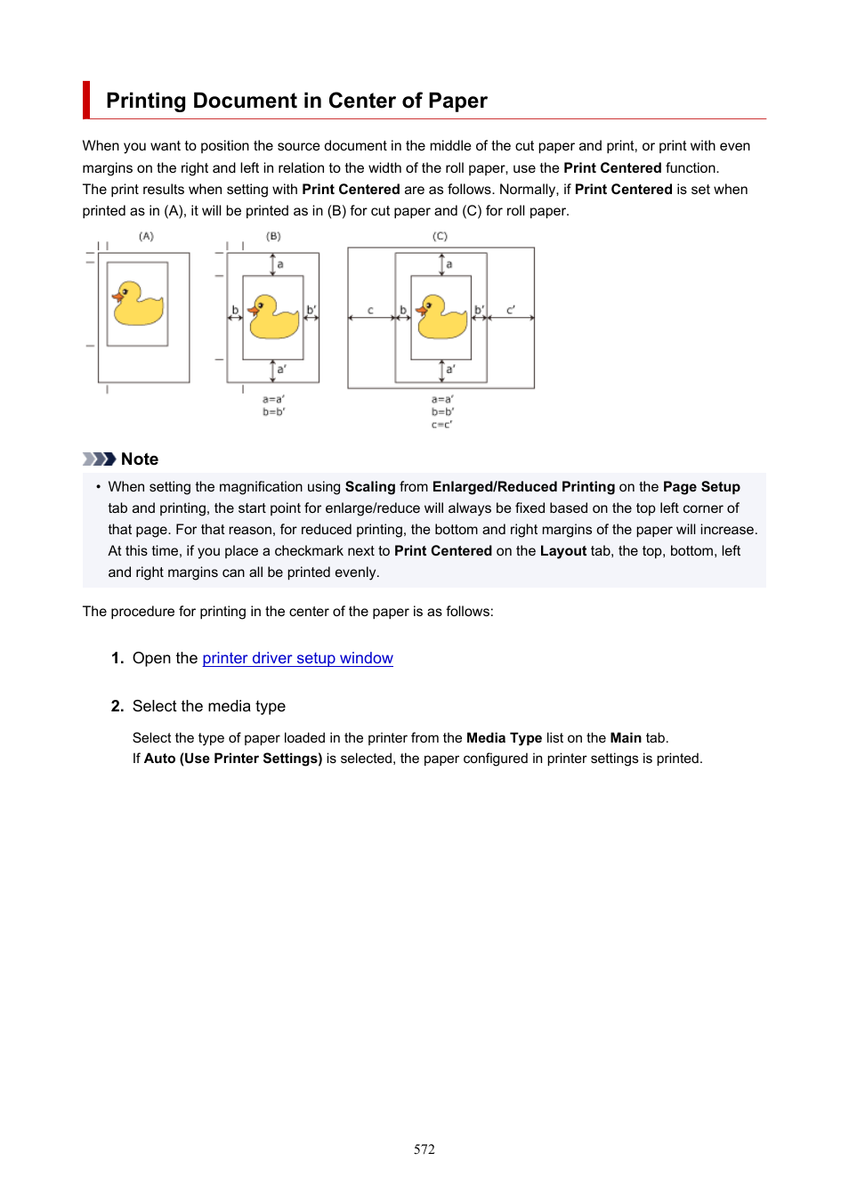 Printing document in center of paper | Canon imagePROGRAF TA-20 MFP 24" Large Format Printer with L24ei Scanner and Stand Kit User Manual | Page 572 / 926