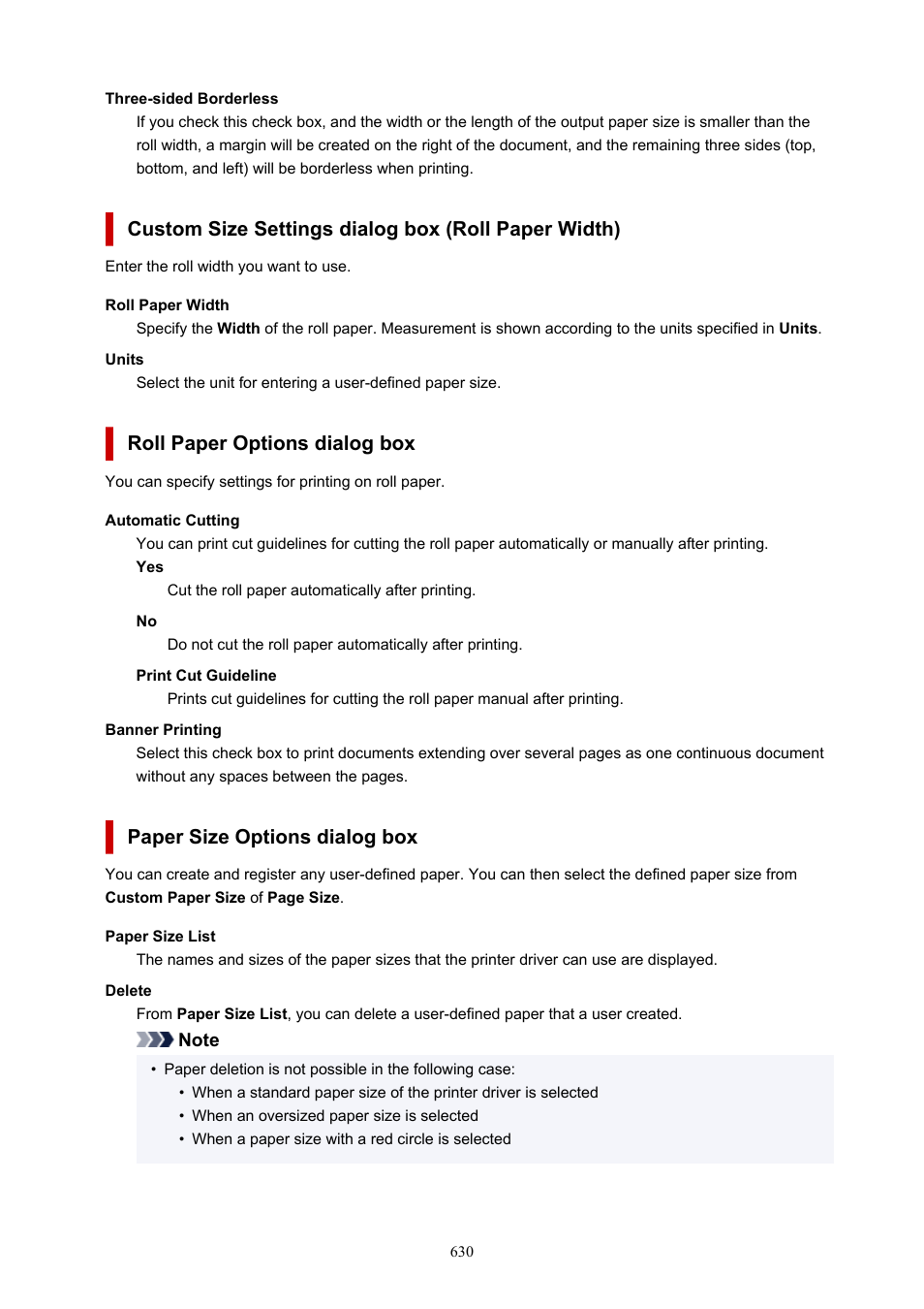 Custom size settings, Dialog box, Displays the | Roll paper options, Paper size options, Custom size settings dialog box (roll paper width), Roll paper options dialog box, Paper size options dialog box | Canon imagePROGRAF TA-20 MFP 24" Large Format Printer with L24ei Scanner and Stand Kit User Manual | Page 630 / 926