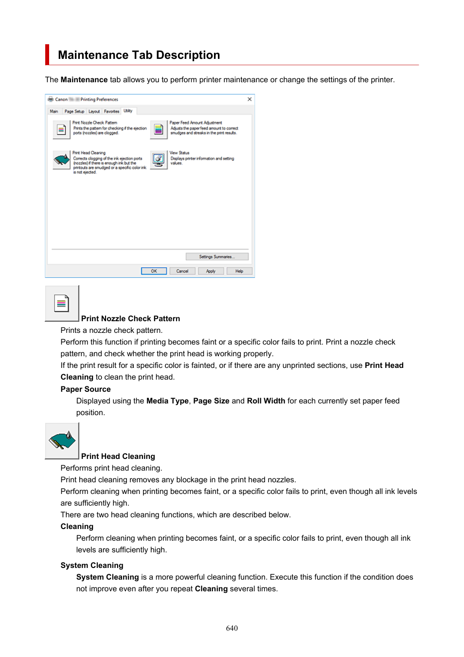 Maintenance tab description | Canon imagePROGRAF TA-20 MFP 24" Large Format Printer with L24ei Scanner and Stand Kit User Manual | Page 640 / 926