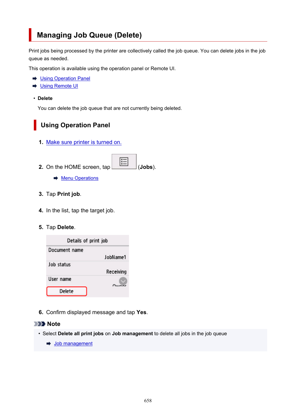 Managing job queue (delete) | Canon imagePROGRAF TA-20 MFP 24" Large Format Printer with L24ei Scanner and Stand Kit User Manual | Page 658 / 926