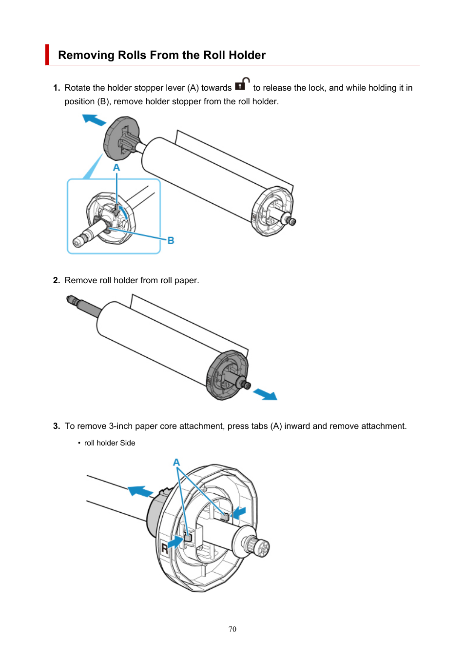 Removing rolls from the roll holder | Canon imagePROGRAF TA-20 MFP 24" Large Format Printer with L24ei Scanner and Stand Kit User Manual | Page 70 / 926