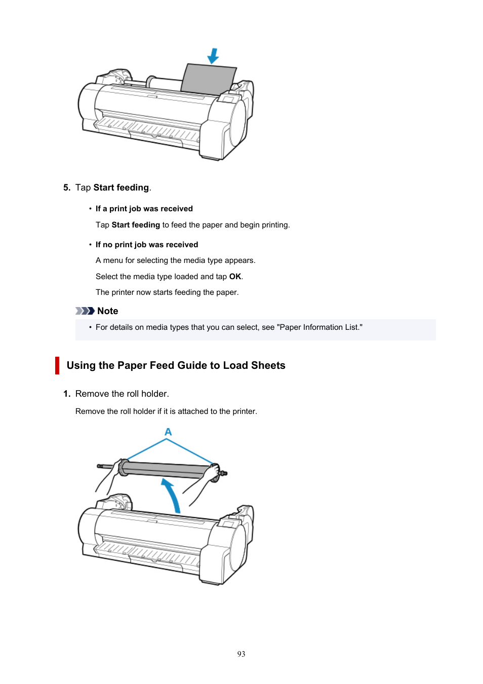 Using the paper alignment line to load sheets, Using the paper feed guide to load sheets | Canon imagePROGRAF TA-20 MFP 24" Large Format Printer with L24ei Scanner and Stand Kit User Manual | Page 93 / 926