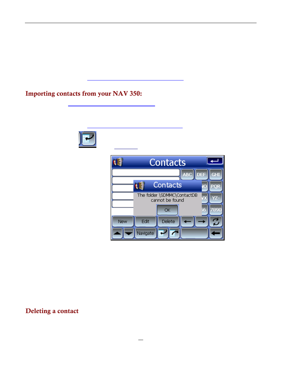 Importing contacts from your nav 350, Deleting a contact | Directed Electronics NAV350 User Manual | Page 31 / 71