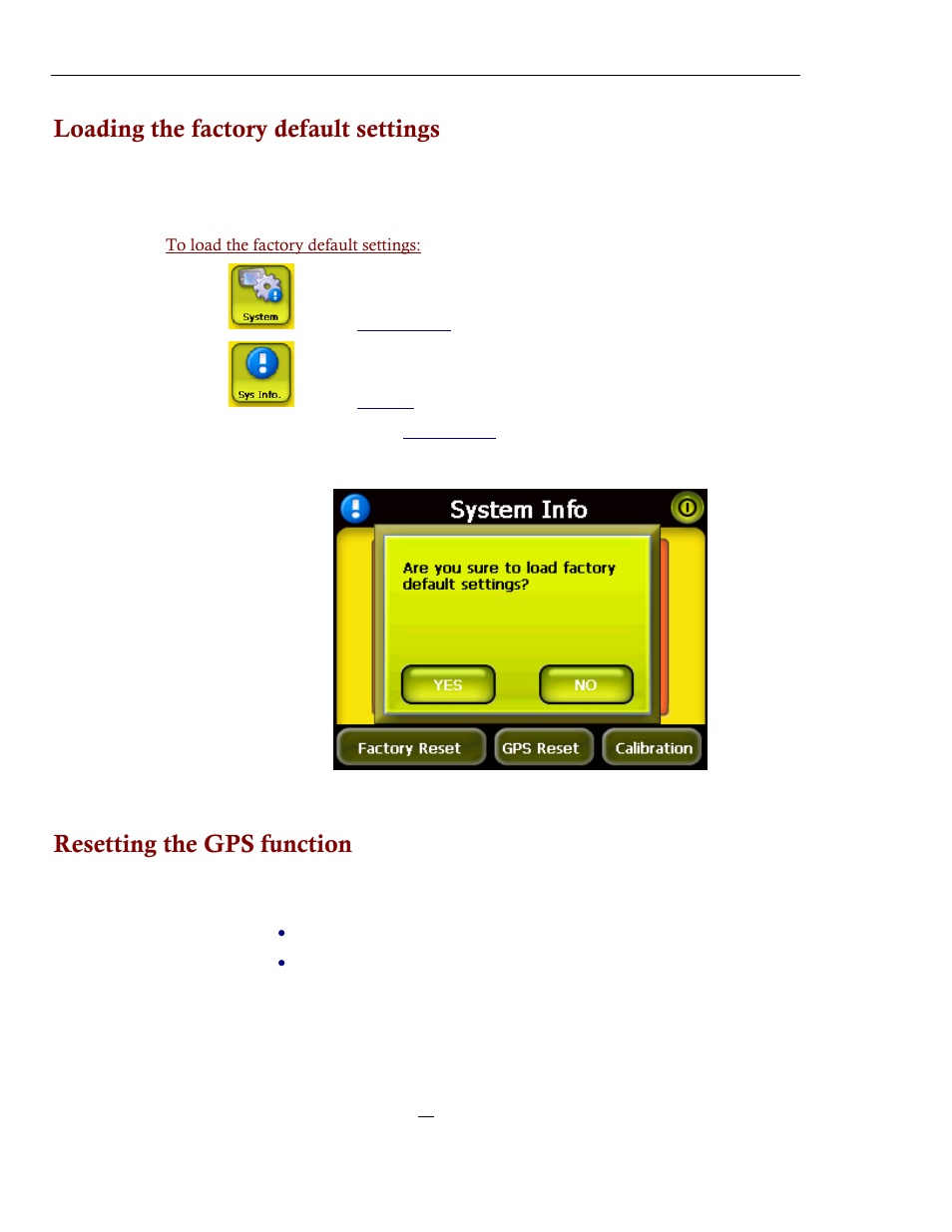 Loading the factory default settings, Resetting the gps function | Directed Electronics NAV350 User Manual | Page 57 / 71