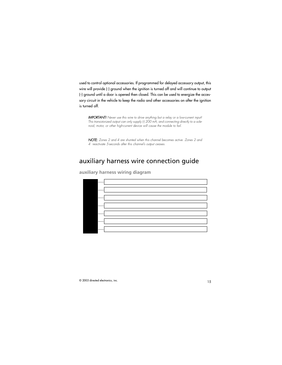 Auxiliary harness wire connection guide, Auxiliary harness wiring diagram | Directed Electronics AM1 User Manual | Page 17 / 36