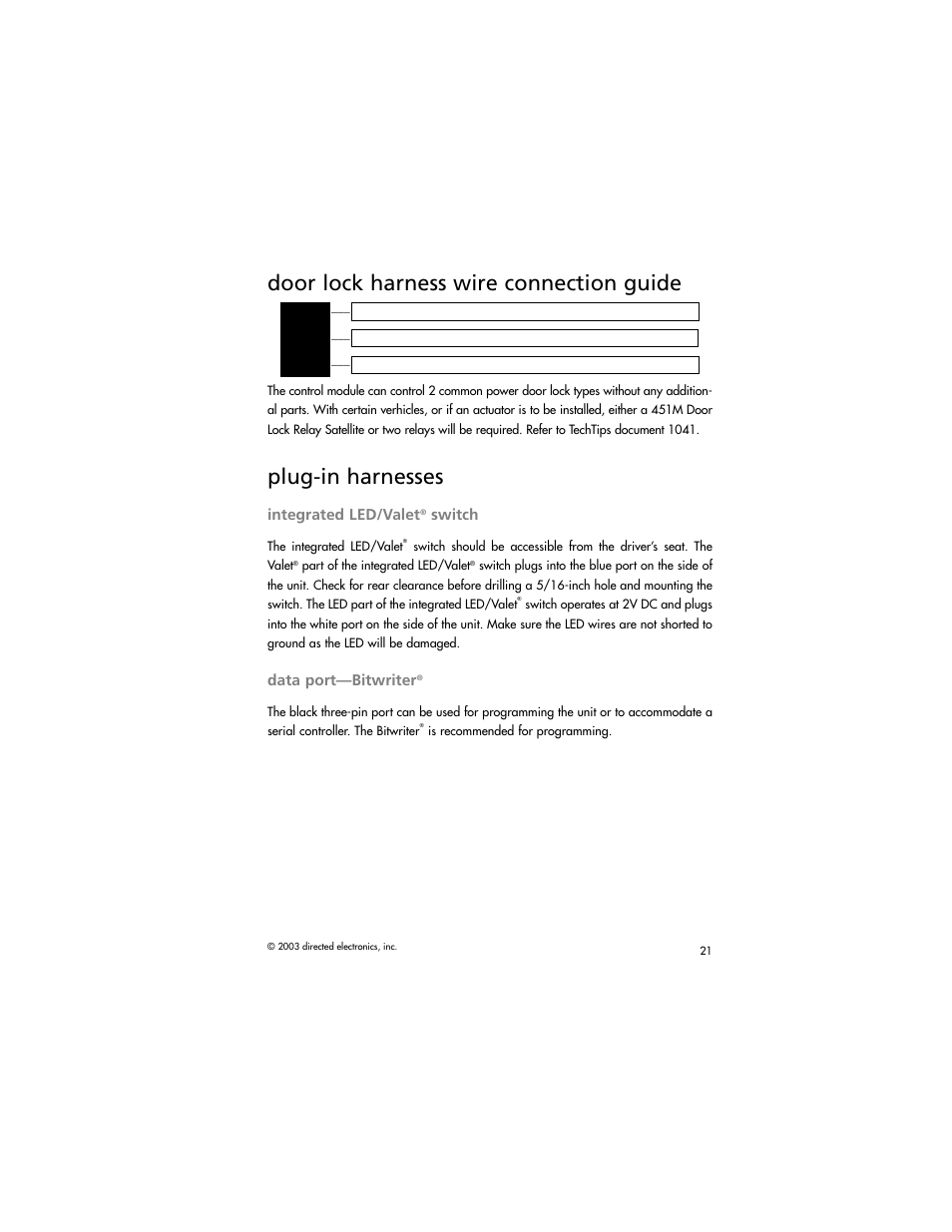 Door lock harness wire connection guide, Plug-in harnesses, Integrated led/valet | Switch, Data port—bitwriter | Directed Electronics AM1 User Manual | Page 23 / 36