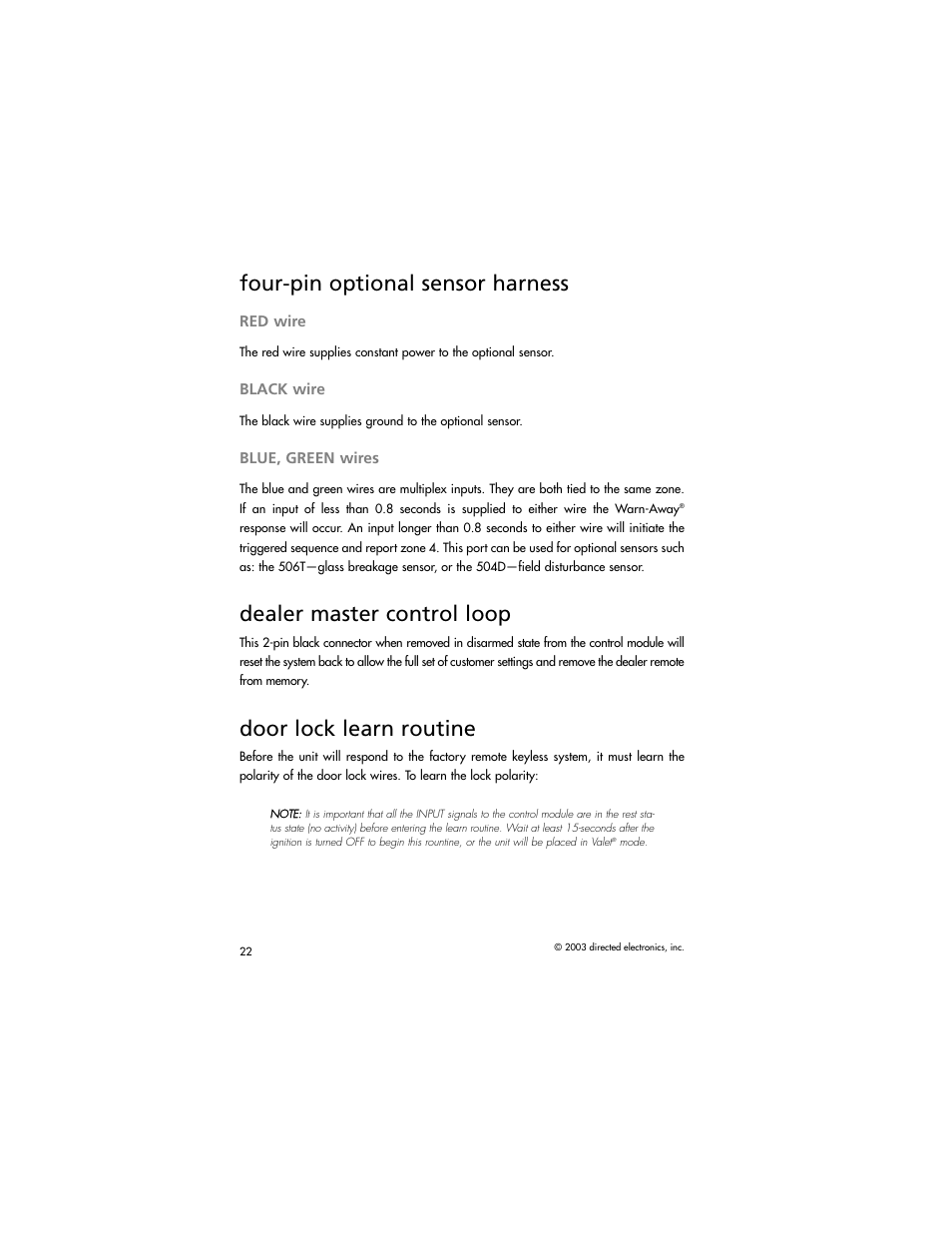 Four-pin optional sensor harness, Dealer master control loop, Door lock learn routine | Directed Electronics AM1 User Manual | Page 24 / 36