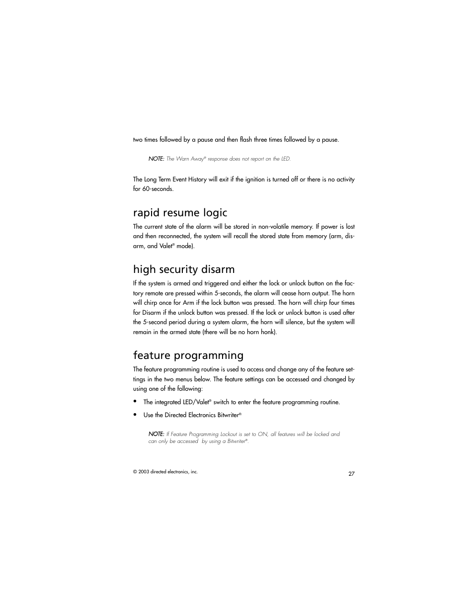 Rapid resume logic, High security disarm, Feature programming | Directed Electronics AM1 User Manual | Page 29 / 36