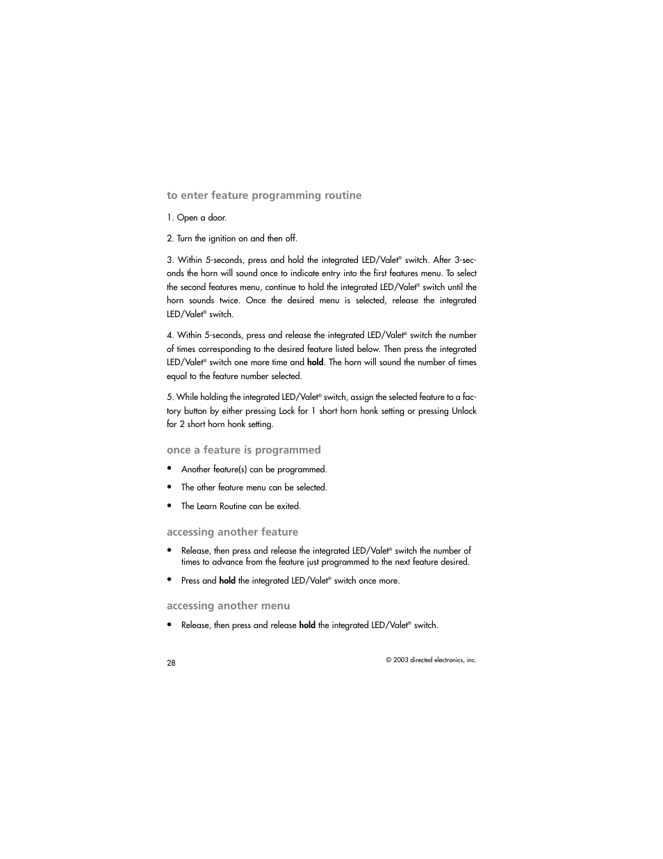 Once a feature is programmed, Accessing another feature, Accessing another menu | Directed Electronics AM1 User Manual | Page 30 / 36