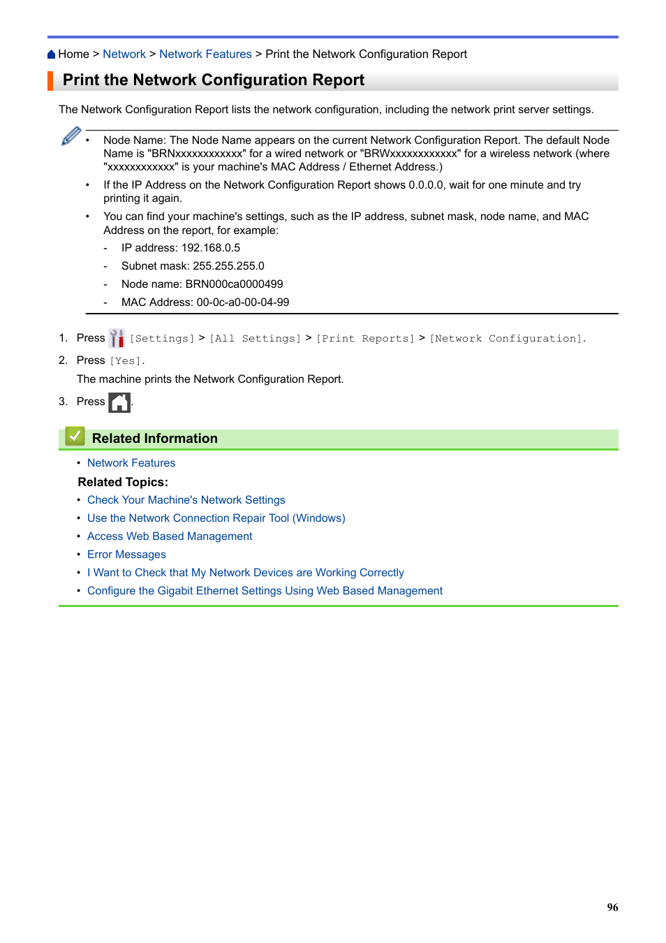 Print the network configuration report | Brother HLL9410CDN Enterprise Color Laser Printer User Manual | Page 101 / 334