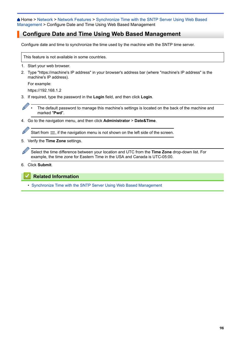 Configure date and time using web based management | Brother HLL9410CDN Enterprise Color Laser Printer User Manual | Page 103 / 334