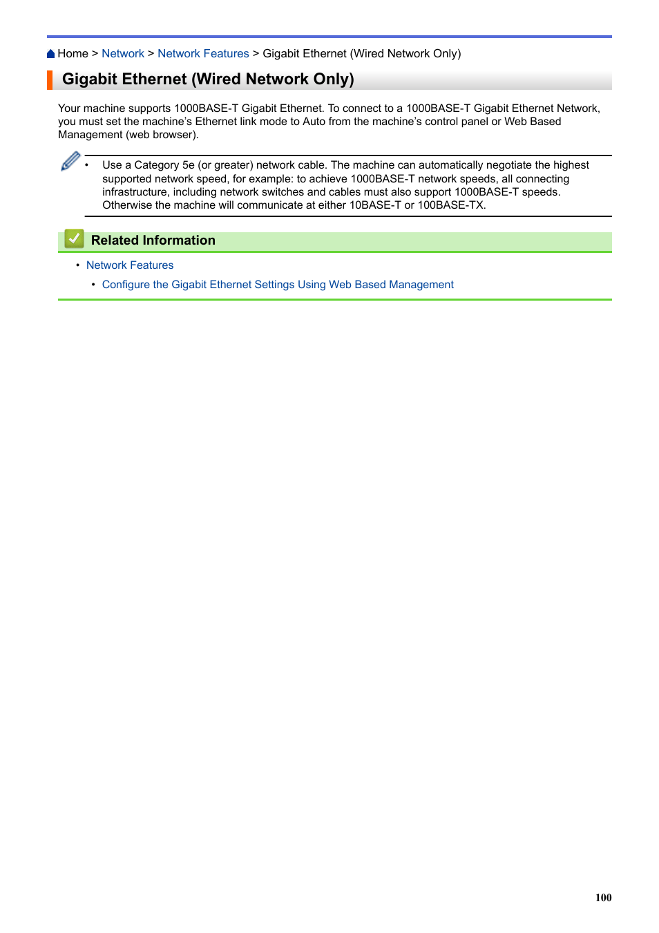 Gigabit ethernet (wired network only) | Brother HLL9410CDN Enterprise Color Laser Printer User Manual | Page 105 / 334