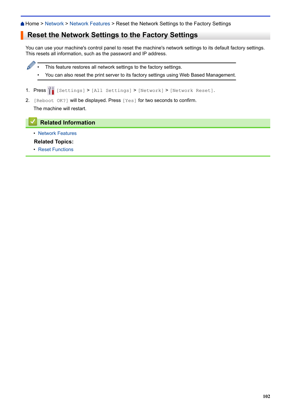 Reset the network settings to the factory settings | Brother HLL9410CDN Enterprise Color Laser Printer User Manual | Page 107 / 334