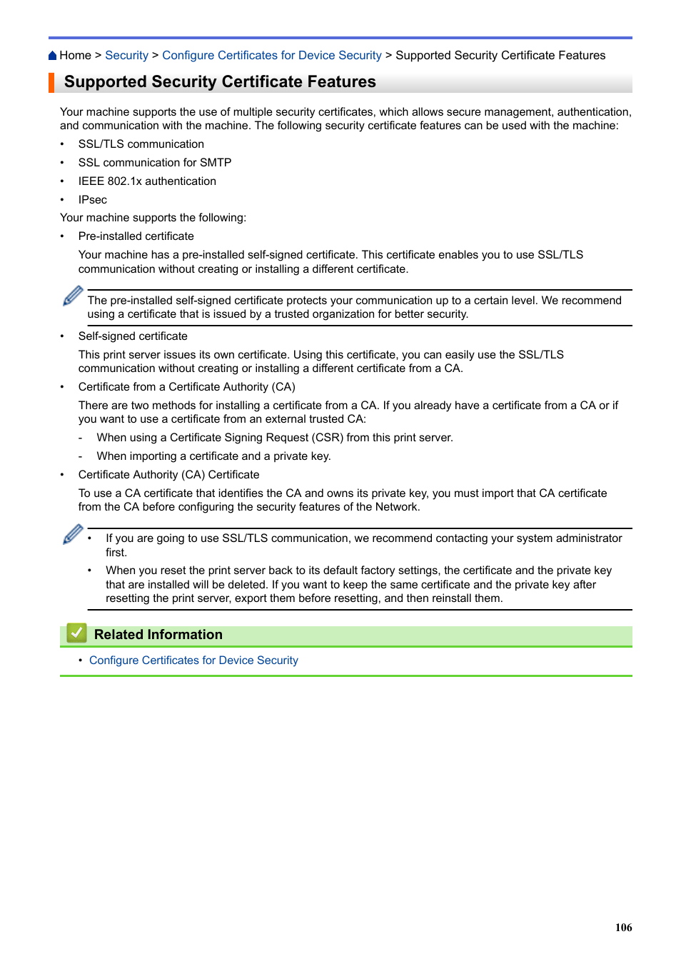 Supported security certificate features | Brother HLL9410CDN Enterprise Color Laser Printer User Manual | Page 111 / 334