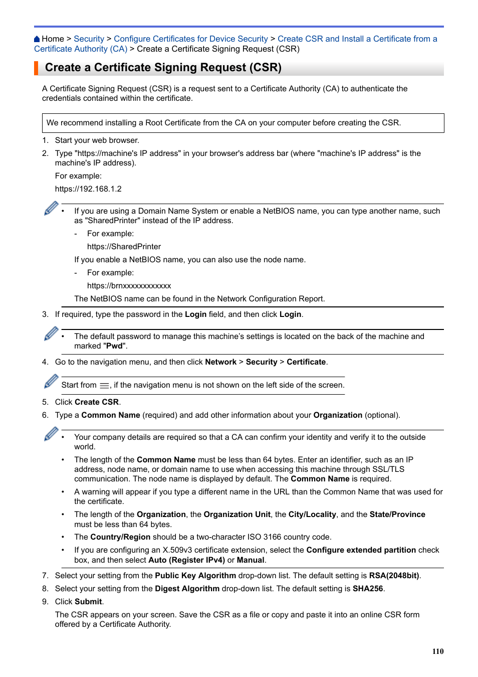 Create a certificate signing request (csr) | Brother HLL9410CDN Enterprise Color Laser Printer User Manual | Page 115 / 334