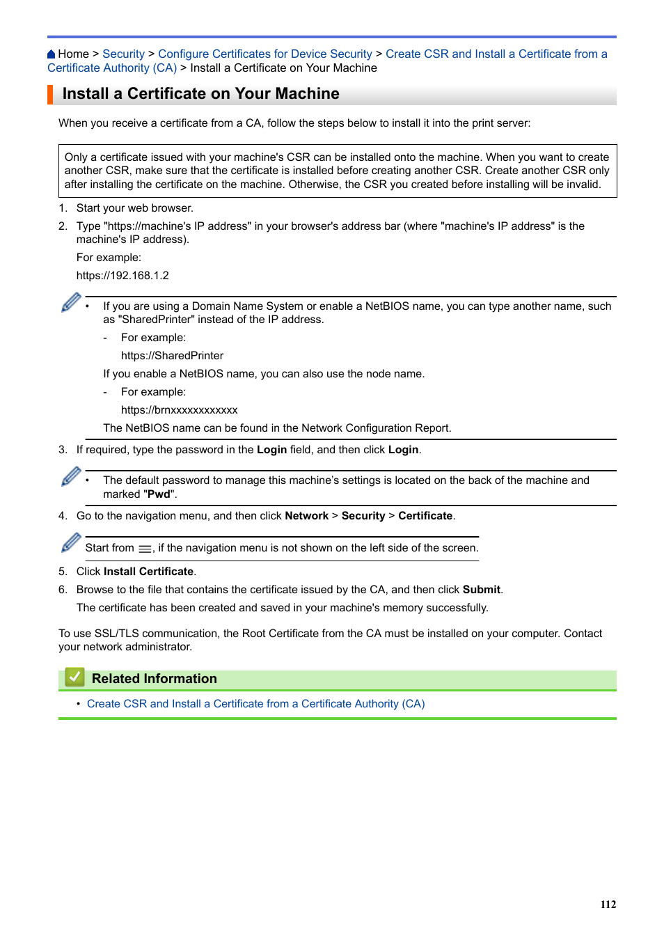 Install a certificate on your machine | Brother HLL9410CDN Enterprise Color Laser Printer User Manual | Page 117 / 334