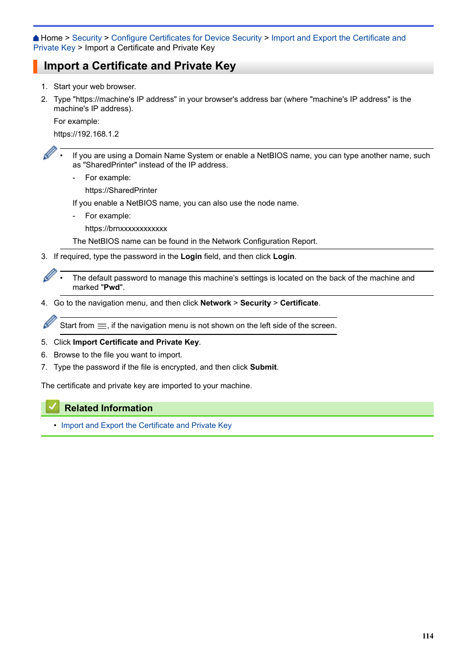 Import a certificate and private key | Brother HLL9410CDN Enterprise Color Laser Printer User Manual | Page 119 / 334