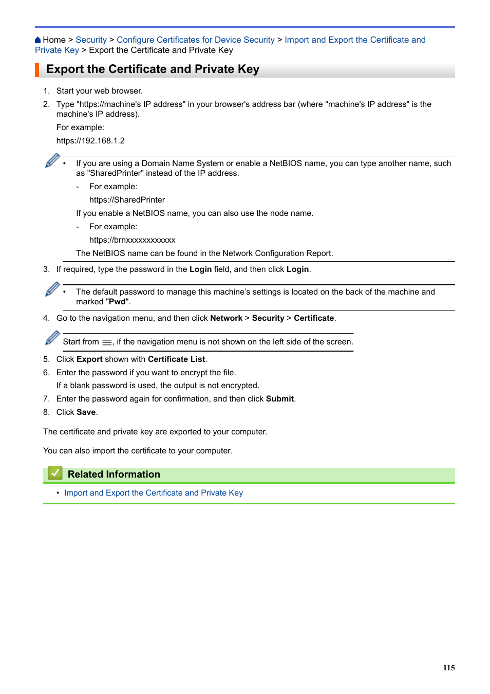 Export the certificate and private key | Brother HLL9410CDN Enterprise Color Laser Printer User Manual | Page 120 / 334