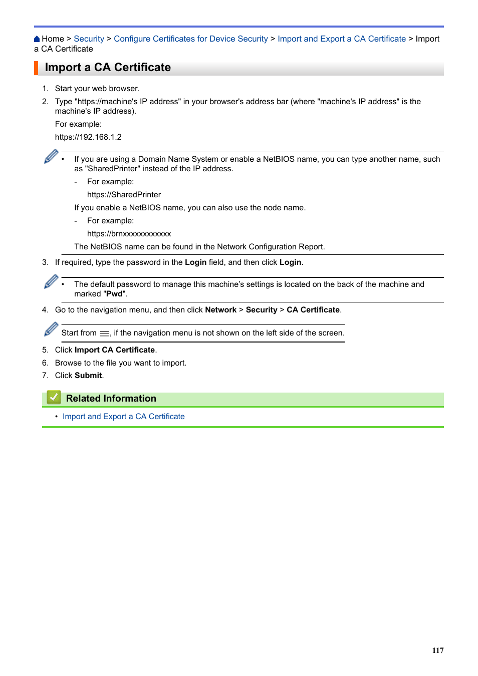 Import a ca certificate | Brother HLL9410CDN Enterprise Color Laser Printer User Manual | Page 122 / 334