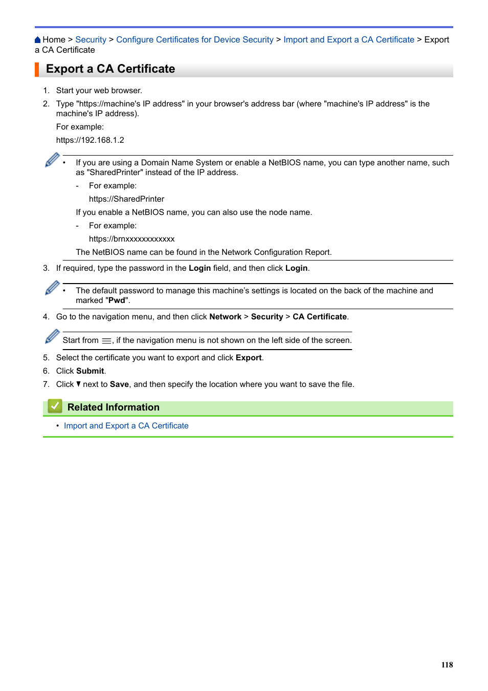 Export a ca certificate | Brother HLL9410CDN Enterprise Color Laser Printer User Manual | Page 123 / 334