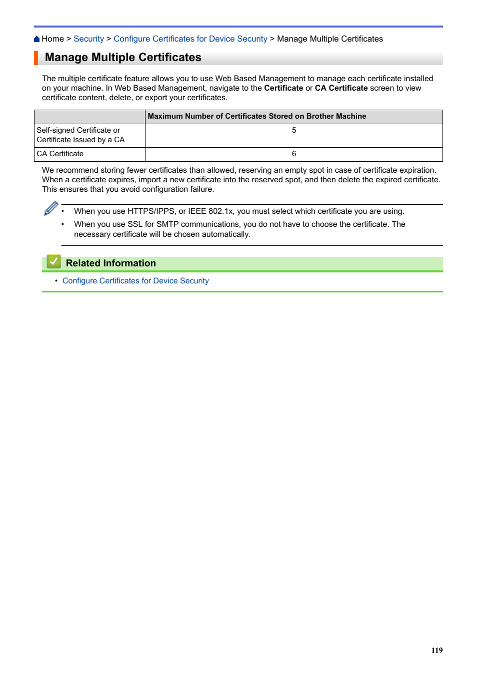 Manage multiple certificates | Brother HLL9410CDN Enterprise Color Laser Printer User Manual | Page 124 / 334