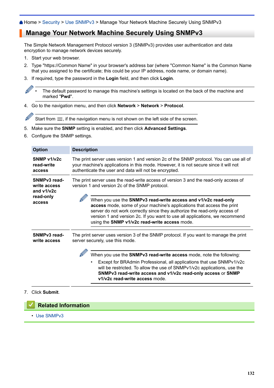 Manage your network machine securely using snmpv3 | Brother HLL9410CDN Enterprise Color Laser Printer User Manual | Page 137 / 334