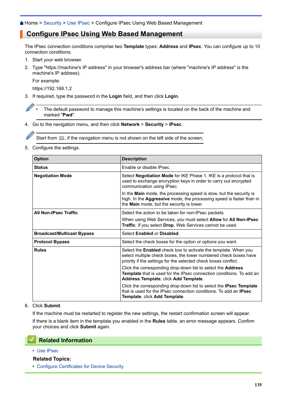 Configure ipsec using web based management | Brother HLL9410CDN Enterprise Color Laser Printer User Manual | Page 140 / 334